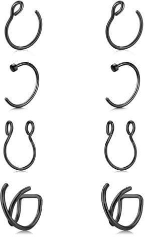 JFORYOU 4 Pairs Stainless Steel Fake Nose Ring Hoop No Pierced False Lip Tragus Septum Ohr Ringe Earrings Black Piercing Jewelry