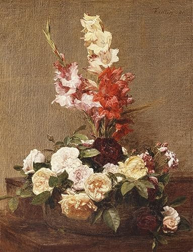 HCOTZHPY Reproduktion Leinwanddruck Und Poster Wandkunst Bild Gladiolen und Rosen von Ignace Henri Jean Fantin Latour Moderne Kunstdrucke für Wohnkultur 60x90cm