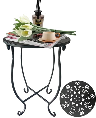 ZEECER Outdoor-Beistelltisch, 35,6 cm, rund, kleiner Outdoor-Tisch mit Blumenausschnitt, moderner tragbarer rostfreier Metall-Terrassentisch für den Außenbereich, Garten, Couchtisch und Innenbereich