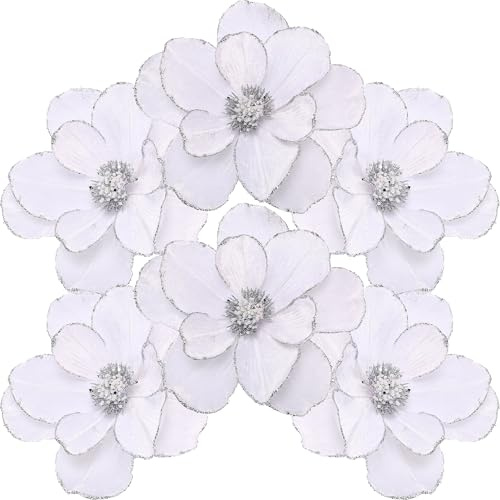 Sea Team Paquete de 6 adornos de flores artificiales de Navidad, magnolia de tela flocada con purpurina, decoraciones florales para árbol de Navidad, corona, guirnalda, 10 pulgadas, color blanco