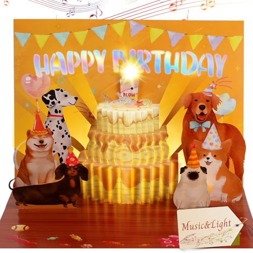 Geburtstagskarte mit Musik und Licht, Pop Up Hunde & Kuchen Geburtstagskarte für Kinder, Happy Birthday Card, Lustige Karte Geburtstag Geschenke für Frau Männer Freundin sie ihn Mama Hundeliebhabe