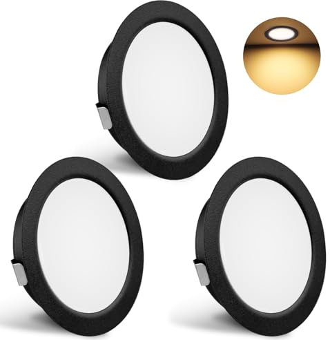 YindaLux 3er Set LED Einbaustrahler 230V 3W 3000K Warmweiß, Ultra Flach 300LM Bohrloch 55-58mm und 15mm Flache, IP44 Möbeleinbauleuchte Einbauspots für Spiegelschrank, Schwarz
