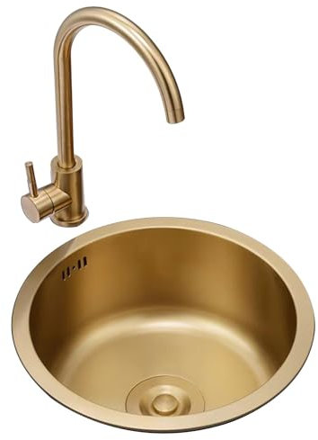 Cocina Hermoso Sifón Nano Redondo Dorado - Mini Acero Inoxidable con Grifo para Balcón, Barra De Cocina - Lavabo para Espacios Pequeños (Color: Dorado, Tamaño: 34 * 34 * 20 Cm)
