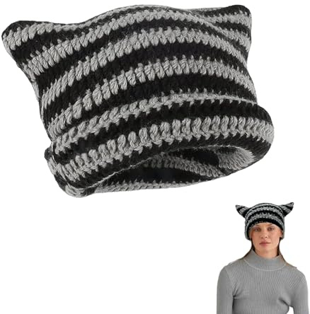 langyoujia Winter Strickmütze, Damen Katzenohren Mütze, Y2k Katzenohren Wintermütze, Winter Warm Stretch Damen Katzenohren Beanie Pisse (schwarz-grau)