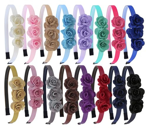 XIMA 16pcs Small Rose Flower Headbands for Girls Toddlers Kids Teens Children and Women,Girls Hair Bands Made of 3pcs Fabric Rose Flower for Hair Accessories