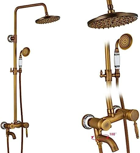 Bath Shower Mixer Tap, Brass Shower Faucet Shower Systems Antique Brass Double Handle Wall Mounted Bathroom Shower Faucet Set with Shower Shelf Bathroom Shower Mixer(B02)