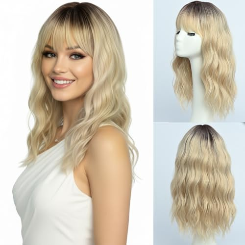 SIMKAYLEE Peluca larga rubia con flequillo para mujer, peluca de longitud media con raíz oscura, para mujer, pelo largo ondulado natural con flecos, resistente al calor, para fiestas diarias (40 cm)