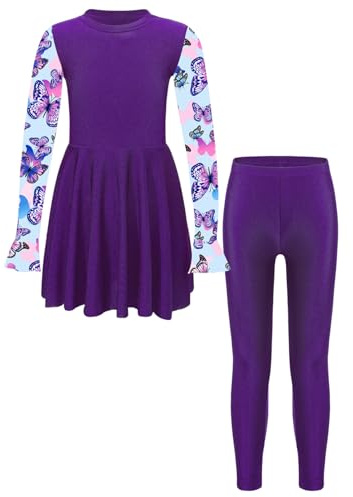 Riismen Girls 2 Pcs Modest Swimsuits Floral Long Sleeve Swimdress Top with Swim Leggings Hijab Burkini Sets Purple 13-14 Years