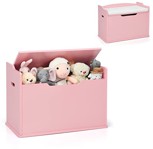 COSTWAY Spielzeugkiste mit Deckel, 2 in 1 Spielzeugtruhe mit Kissen, Spielzeugschrank aus Holz mit Tragegriffen, Spielzeug Aufbewahrung für Kinderzimmer, Spielzimmer, 74 x 39 x 52 cm (Rosa)