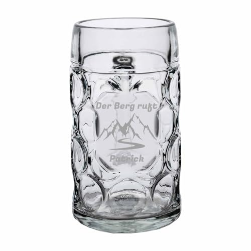 LUXENTU ISAR Maßkrug mit Gravur, Berg-Motiv, 1,0 l, 1 Stück | Personalisierter Bierkrug zum Geburtstag mit Wanderer-Motiv für Bierliebhaber, spülmaschinenfest