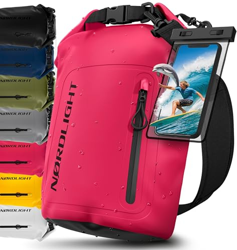 Nordlight Dry Bag Sac Étanche avec Pochette Étanche Téléphone, Fermeture Roll-Top, Bandoulière | Sac à Dos étanche Nautique, Sac Impermeable Etanche | Natation Plage Sup Bateau - Rose (Opaque), 20 L