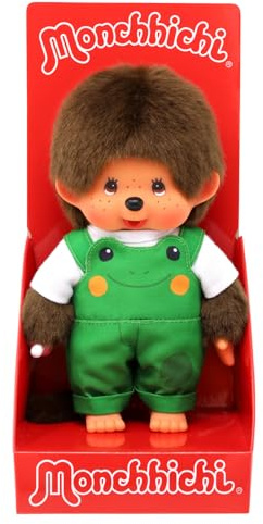 Sekiguchi 203871 - Monchhichi Original niño con Peto y Motivo de Rana, Peluche de Aprox. 20 cm de Color marrón