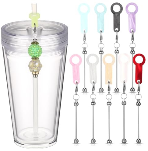 Tondiamo 9 Pcs Beadable Straw Charm DIY Beaded Straw Toppers Charm Adapter Pendant Ornament Acrylic Cup Accessories Tumbler Decorations Jewelry Gift Making Blank Bar Diy (Marble Pattern)