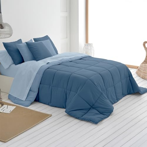 SOMNI HOME Edredon Bicolor Otoño Cama 80/90 cm. Tacto Pluma. Colcha Microfibra Reversible Ligera. Cama Individual. Primavera Verano 200 gr.Color Celeste - Azul 180x260