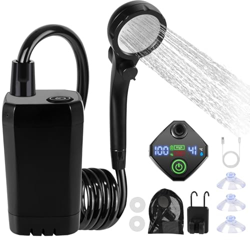 Portable Camping Shower with 6000mAh Rechargeable Battery Pump, LED Display, 4 Spray Modes, Waterproof Outdoor Electric Shower Kit for Hiking, Pet Washing, Travel, Car Cleaning (Black)
