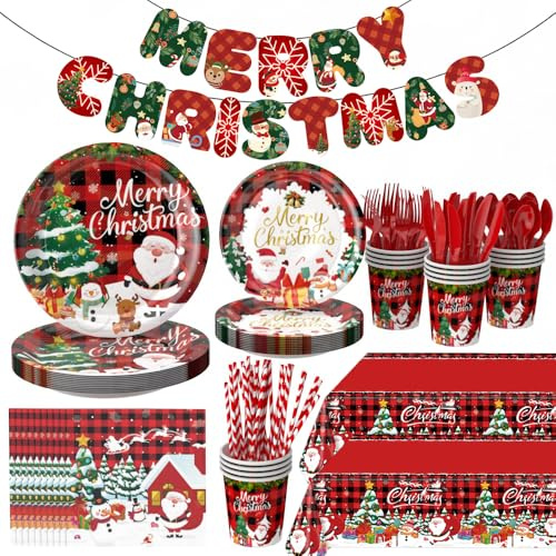 195 Pcs Merry Christmas Party Decorations, Xmas Party Supplies Tableware Set Serves 24, with Plates Napkins Cups Fork Knives Spoon Tablecloth Banner, Santa Themed Disposable Dinnerware Set