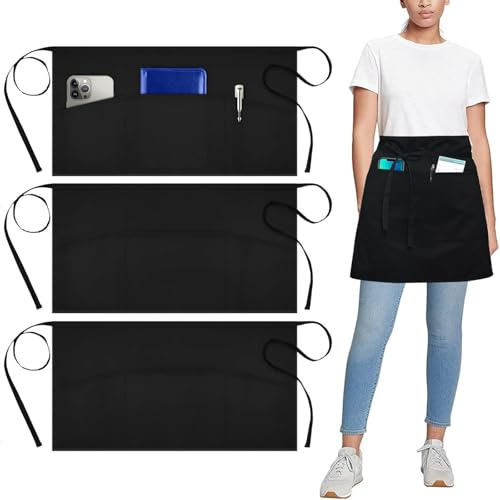Elegance-go Taillenschürze, 3 Stück Vorbinder Kellnerschürze Kurz mit 2 Taschen Schürze Gastronomie Damen Herren Professionelle Servierschürze zum Kochen, Malen, Gärtnern, Restaurant (Schwarz)