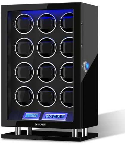XTELARY Uhrenbeweger, Fingerabdrucksperre Automatischer Uhrenbeweger für 3/4/6/8//9/12 mit LCD-Touchscreen, Fernbedienung, Blauer LED, Leisem Motor und Verstellbaren Uhrenkissen für Herren und Damen