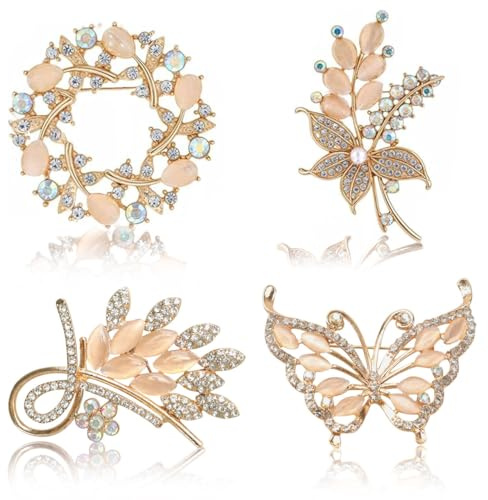 Cheynn 4 Stück Broschen für Damen, Kristall Blume Broschennadeln Strass Blumenstrauß Brosche Pin mit Opal Gold Brooch Elegante Anstecknadel Clip Abzeichen für Braut Hochzeit Schal Mantel Kleidung