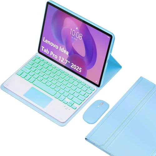 EHLCYS Custodia con Tastiera per Lenovo Idea Tab PRO 12.7-inch 2025 Model (TB373FU/TB375FC), Tastiera con Trackpad Staccabile con Retroilluminazione 7 Colori, Cover Ultrasottile con Mouse,Blu