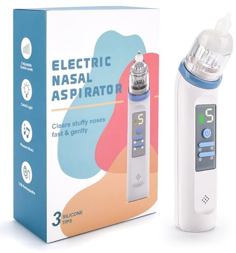 IGUGI Aspiratore Nasale Neonato,Aspiratore Nasale Elettrico per Bambini con 5 Livelli di Aspirazione,Aspira Muco Neonato,Ricaricabile con 3 Beccucci in Silicone,Funzione Musica e Luci Colorate