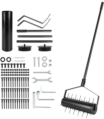 SUPAWAY Rodillo Aerificador Manual para Césped 44 x 141 cm – Escarificador Manual con 39 Púas (5,8 cm) y Mango – Rodillo Airificador – Descompactador para Jardín, Patio, Terraza