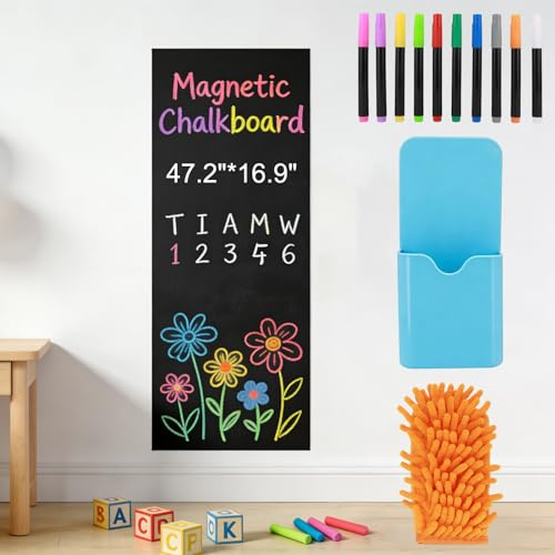 Magnetische Tafelfolie Selbstklebend Schwarz 120x43 cm – Abwischbare Magnettafel mit 10 Flüssigkreide Markern für Zuhause, Kinder & Büro, Ideal zum Zeichnen und Lernen (1er Set)