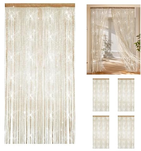 Jinfanshurich 4 Stück Fadenvorhang 100×200 cm – Glitzer Türvorhang & Fensterdekoration, Perlenvorhang als Raumteiler für Hochzeit, Party & Wohnraum (Champagner)