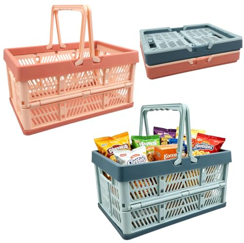 2 Stück Faltkorb, Einkaufskorb Plastik, Klappbox, Tragbar, 30,5×20×16cm | Kunststoff，Klappboxen Faltbar Stabil,Aufbewahrung, Geeignet Für Küche, Badezimmer, Picknick, Kofferraum (Blau, Orange)