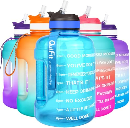 QuiFit 3.78/2.2 Litre Motivational Water Bottle - with Straw & Time Marker,Wide Mouth,BPA Free,Reusable,Ideal for Gym,Outdoor Sport,Home & Office