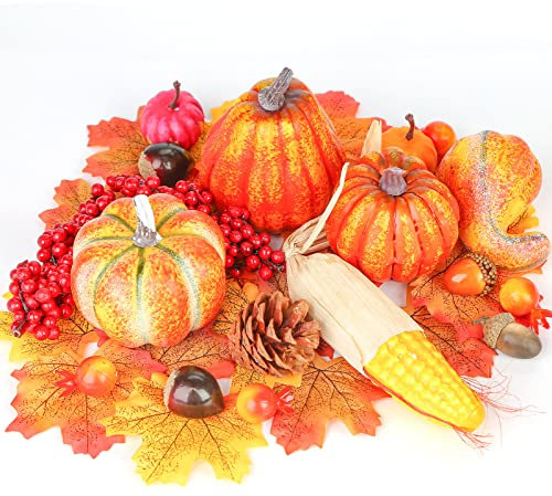 HAKACC Künstliche Früchte Set, 49 Stück Erntefrüchte Künstlichen Ahornblättern Gefälschte Kürbisse Tannenzapfen Eicheln für Halloween Thanksgiving-Dekorationen