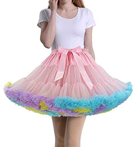 Tmade Damen Tüll Petticoat Tutu Party Mehrlagiger Puffy Cosplay Rock, Pink+Multicolor, Länge 40cm, Taille 56-100cm