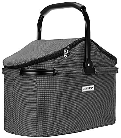 anndora Einkaufskorb isoliert mit Deckel 25 Liter – Stabiler Kühlkorb mit verschweißtem Innenfutter – auslaufsichere Kühltasche für Einkauf & Picknick (Grau Gewebt)