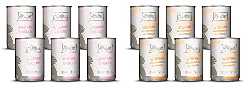 MjAMjAM - Premium Nassfutter für Katzen - saftiges Huhn und wildlachs, 6er Pack (6 x 400 g) & Premium Nassfutter für Katzen - saftiges Huhn an leckeren Möhrchen, 6er Pack (6 x 400 g)