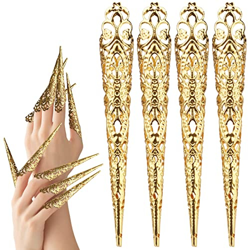 Mwoot 10 Stück Halloween Gefälschte Nägel Gold Fake Nail Antike Königin Kostüm Cosplay Finger-Nagelspitzen-Ringe Finger Nail Tip Claw Rings Fingernail Rings Claw Fingernagelklauenring für Damen Frauen