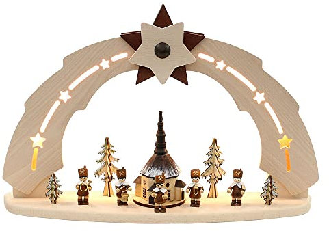 Deko-Geschenke-Shop Schwibbogen, hochwertig, Seiffener Kirche mit Bergmannszug verschneit 10444