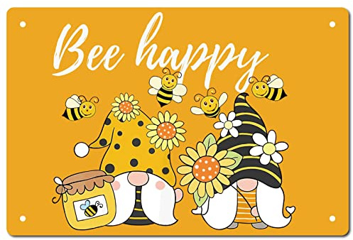 CREATCABIN Bee Happy Metal Tin Signs Vintage Iron Painting Retro Dwarfs Tin Sign Garden Wall Art Plaque Poster for Home Kitchen Wall Bar Coffee Shop Decoration Halloween Christmas Decor 12 x 8 Inch