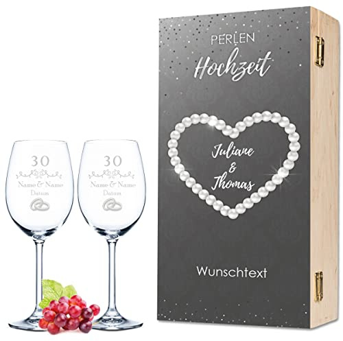 GRAVURZEILE Leonardo Weingläser mit Gravur - Perlenhochzeit Design - Personalisiert mit Namen & Datum inkl. Holzkiste - Geschenk zur Hochzeit Verlobung Jahrestag Farbe Daily
