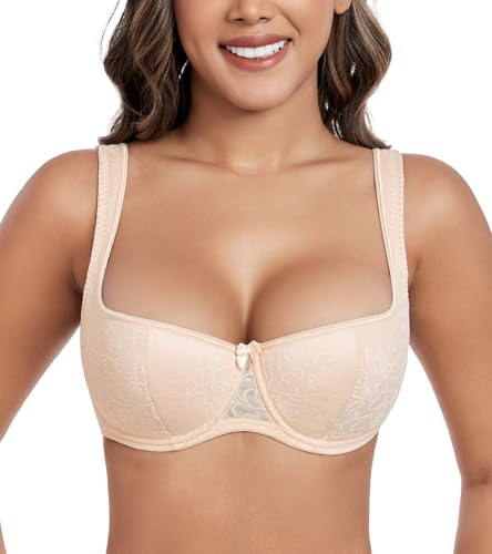 DotVol Women's Lightly Padded Lace Balconette Bra Underwired | Push Up Naturally, Wide Cushioned Straps, Embroided Lace Cup, Breathable Mesh Wing, Demi Cup, Square Neckline