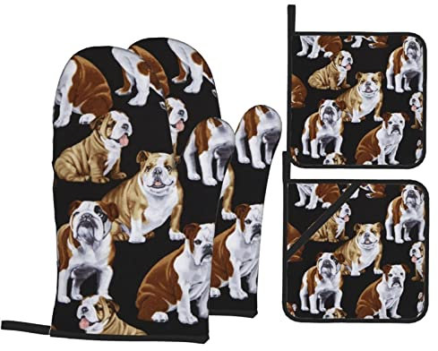 Hitzebeständige Ofenhandschuhe und Topflappen, 4er-Set, Englische Bulldoggen, bedruckt, rutschfest, wasserdicht, zum Backen, Kochen, Grillen
