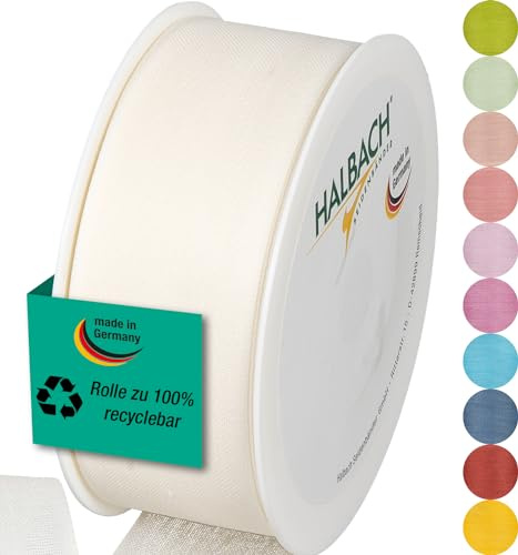 Halbach mattes Taftband, 40 mm x 25 m, creme | Geschenkband in Baumwolloptik, Made in Germany, Ökt-Tex 100 zertifiziert und waschbar bei 30 Grad