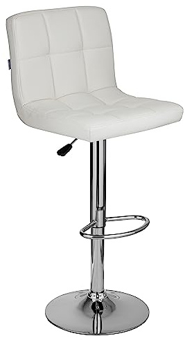 Baroni Home Sgabello da Bar o Cucina in Tessuto Imbottito, Regolabile e Girevole a 360°, con Schienale e Poggiapiedi, Struttura in Acciaio Cromato, 1 Pezzo, Bianco Ecopelle