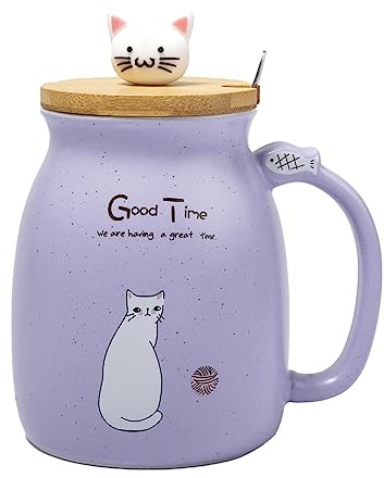 lachineuse - Tasse Kawaii 450ml - Grande Tasse Chat avec Couvercle & Cuillère - Mug à Infusion, Thé & Café - Tasse Originale Japonaise - Idée Cadeau Japon Asie - Kitty Mignon - Coloris Mauve Violet