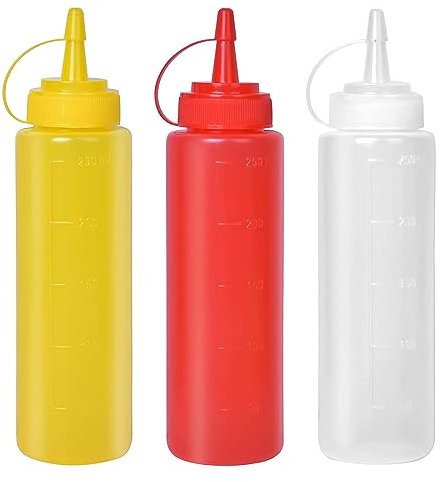 Gelishan 3Pcs Squeeze Bottles Dispensers Plastic Squeeze Bottles with Cap Transparent Sauce Bottles 250ml Condiment Bottles for Ketchup Hot Sauce Salad Dressing