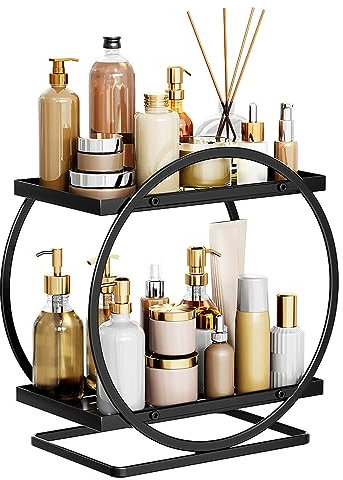 Organiseur de maquillage pour coiffeuse, 2 niveaux de salle de bain - Organiseur de comptoir de salle de bain - Étagère de rangement en métal pour parfums, chambre à coucher (rond noir)