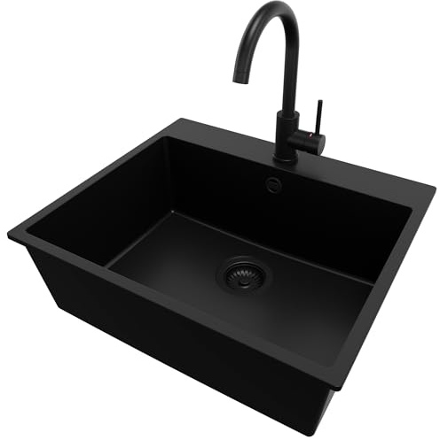 PRIMAGRAN Fregadero Granito al Mueble 60cm + Grifo, 58x50cm | Set: Grifo BW5010 + Kit de desagüe (sifón, válvula, rebosadero) + Riga 1 Seno para Cocina, Todo Negro