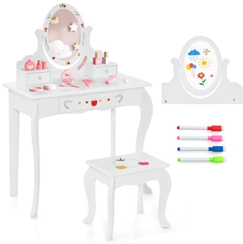COSTWAY Kids Vanity Table and Stool, 2 in 1 Girls Makeup Dressing Table with 360° Rotating Mirror & Whiteboard, 3 Drawers, Cute Children Study Desk and Chair Set for Aged 3+