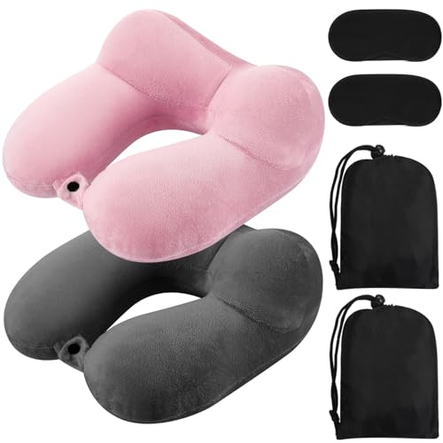 Sintuff 2-pack mjuk uppblåsbar resekudde för flygplan sammet uppblåsbar resekuddar med kompakt väska och ögonbindel för resor, flygplan, tåg, bil, kontor (mörkgrå och ljusrosa)