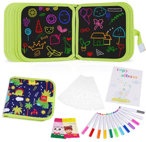 OSDUE Juegos de Pintura para Niños,Tabla de Dibujo Portátil para Niños Reutilizable con 12 Bolígrafos Borrables de Color,Libros Blandos de Pizarra para Educación Preescolar 2 3 4 5 6 Años,16 Páginas