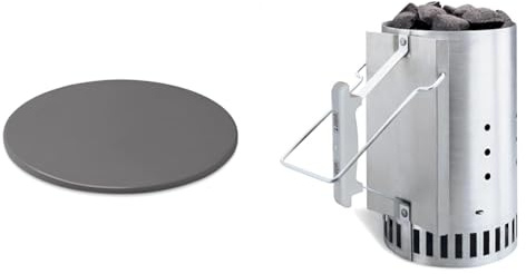 Weber Pierre à Pizza Artisanale - Pierre de Cuisson Vitrifiée pour Barbecue & Cheminée d'Allumage Rapidfire pour Barbecue, 20cm - en Aluminium, Deux Poignées Sécurisées